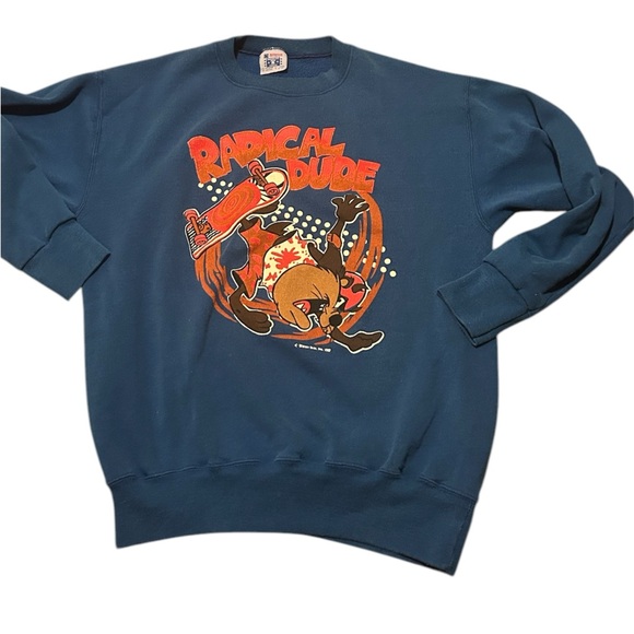 Vtg 1987 Taz the Tasmanian Devil “ Radical Dude” Skateboard Blue Sweatshirt M/L - Picture 2 of 7
